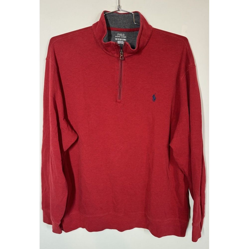 Polo Ralph Lauren Men's Red 1/4 Zip Pullover Sweater 100% Cotton Size XXL Lounge - Picture 2 of 9